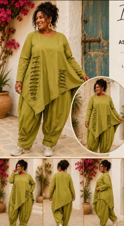Een eigentijdse tuniek olijf met asymmetrische details op voorpand