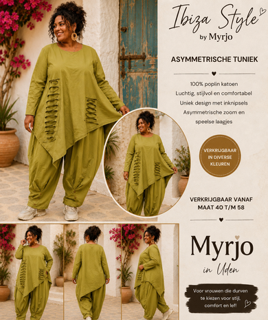 Een eigentijdse tuniek olijf met asymmetrische details op voorpand