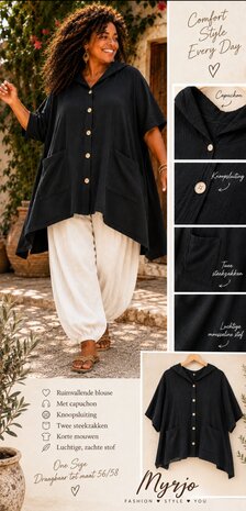 Blouse vest zwart met capuchon mousseline katoen