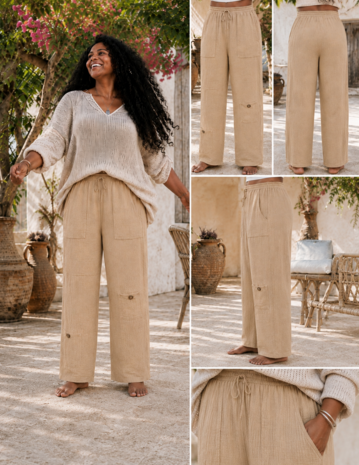 Wijde broek zand mousseline stof