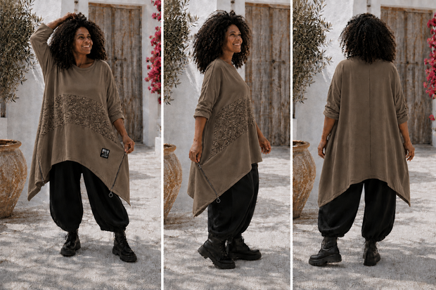 Taupekleurige  A-lijn sweater met rits
