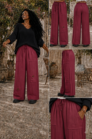 Wijde broek bordeaux mousseline stof