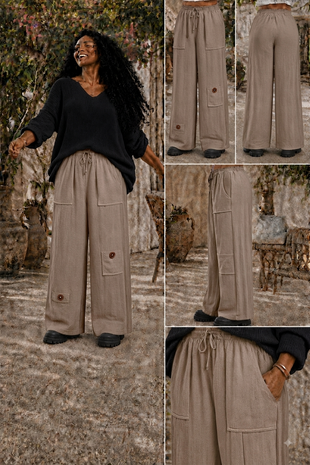 Wijde broek taupe mousseline stof