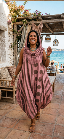Mouwloze jurk, oud roze met unieke printdetails  