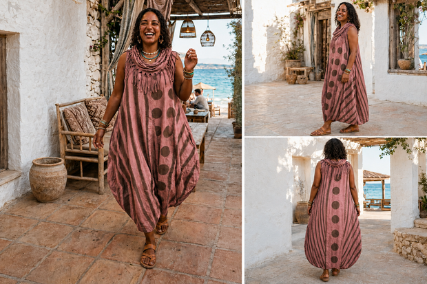 Mouwloze jurk, oud roze met unieke printdetails  