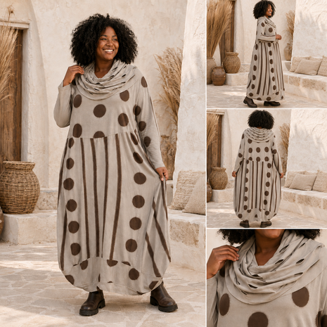 Boho Dots &ndash; Tricot Ballonjurk zand met Opengewerkte Kol