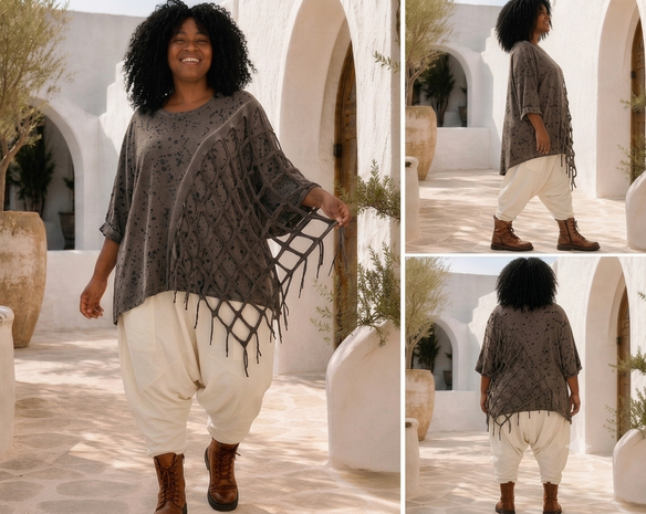 Bruine oversized tuniek met Asymmetrisch Netwerk-Detail en franjes