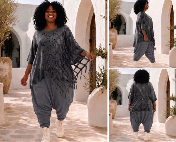 Antraciet oversized tuniek met Asymmetrisch Netwerk-Detail en franjes