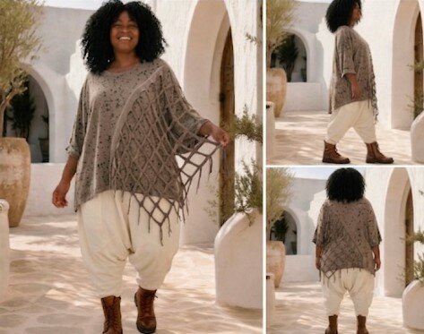 Taupe oversized tuniek met Asymmetrisch Netwerk-Detail en franjes