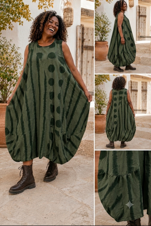 Mouwloze jurk, armygroen met unieke printdetails  