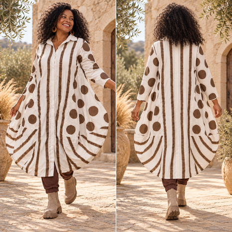 Ibiza Chic Poplin Ballonblouse &ndash; Cr&egrave;me met Bruine Polka Dots en Strepen