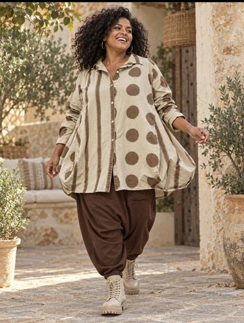Poplin Katoenen Ballonblouse met Stippen & Strepen &ndash; Zand / Bruin