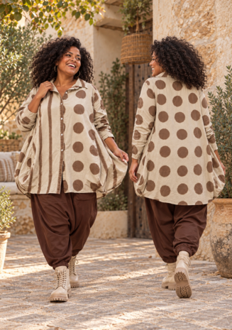 Poplin Katoenen Ballonblouse met Stippen & Strepen &ndash; Zand / Bruin
