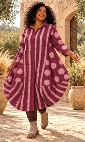 Ibiza Chic Poplin Ballonblouse &ndash; Bordeaux met Zwarte Polka Dots en Strepen