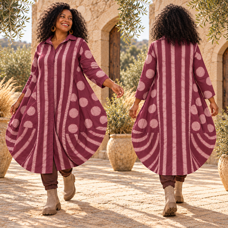 Ibiza Chic Poplin Ballonblouse &ndash; Bordeaux met Zwarte Polka Dots en Strepen