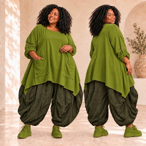 Curvy Tuniek Olijfgroen Corduroy A-lijn Tuniek met Handige Zakken &ndash; Stijlvol & Comfortabel