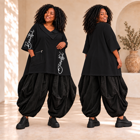 Stijlvolle Tuniek Zwart met Witte Contrastdetails & "Beautiful" Print