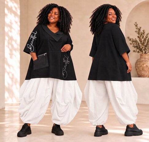Stijlvolle Tuniek Zwart met Witte Contrastdetails & "Beautiful" Print
