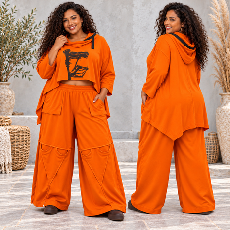 Stijlvolle Broek Orange met Zakken- Deelnaden en Rekbare Taille