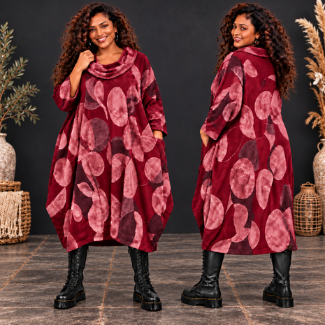 Bordeaux Stijlvolle-Corduroy-Curvy-Balloon-Jurk-met-Botanische-Print