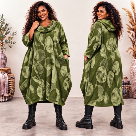 Groene -Stijlvolle Corduroy Curvy Balloon Jurk met Botanische Print