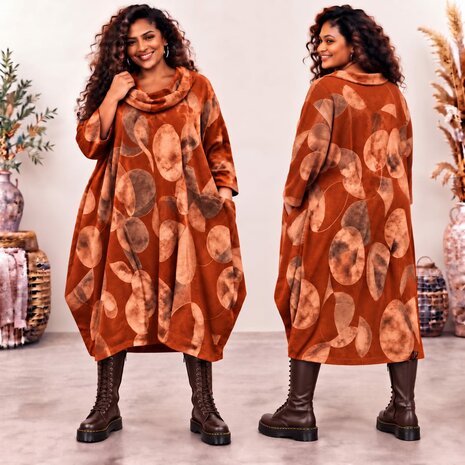 Brique-Stijlvolle Corduroy Curvy Balloon Jurk met Botanische Print