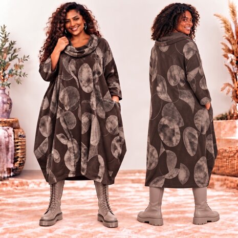  Bruine Stijlvolle Corduroy Curvy Balloon Jurk met Botanische Print 