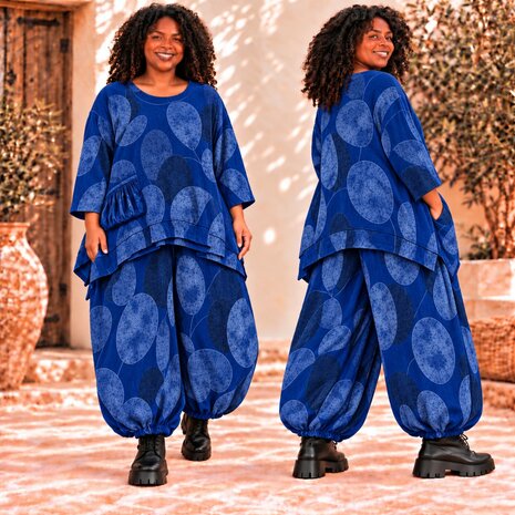 Blauwe Stijlvolle Corduroy Curvy tuniek met Botanische Print