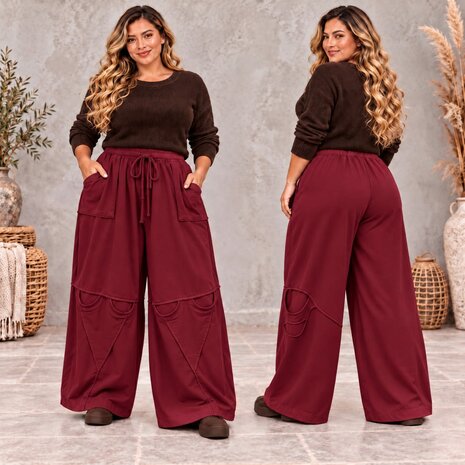 Stijlvolle Broek Bordeaux met Zakken- Deelnaden en Rekbare Taille