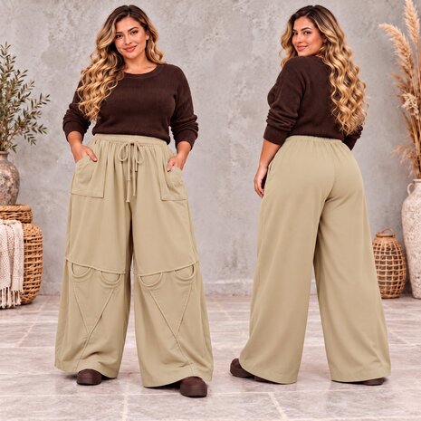 Stijlvolle Broek zand met Zakken- Deelnaden en Rekbare Taille