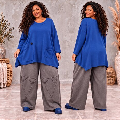 Blauw kleurige Bohemian Melange Tuniek met Zak en Knoopdetail