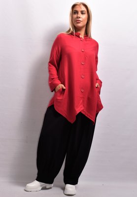 Kekoo roodtuniek/ blouse met aparte rekbare kraag, asymmetrisch