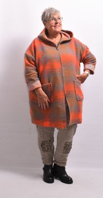 Jas/ Vest, oranje/grijs capuchon, grote zakken, New Collection