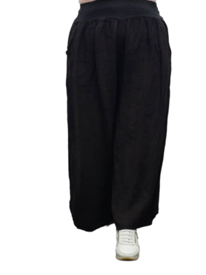 Ruimvallend broek zwart met brede rekbare tailleband 100% linnen