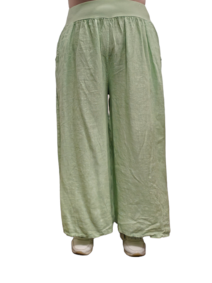 Ruimvallend broek mint met brede rekbare tailleband 100% linnen