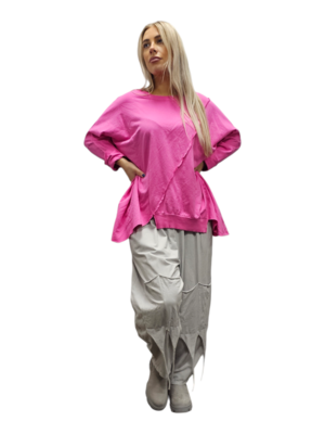 Sportieve-ruimvallend sweater-donker roze-asymmetrisch