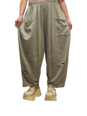 Wijde broek greige met leuke inknipsels 100% cotton