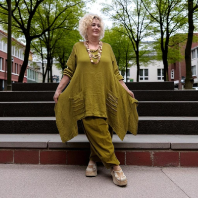 Tuniek asymmetrisch grote A-lijn olijfgroen mousseline stof