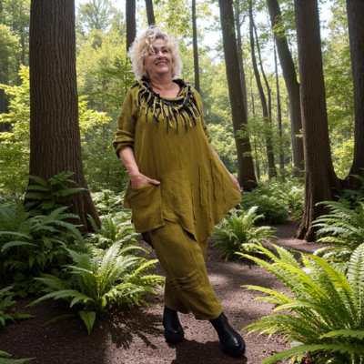 Tuniek groen met zak asymmetrisch mousseline stof