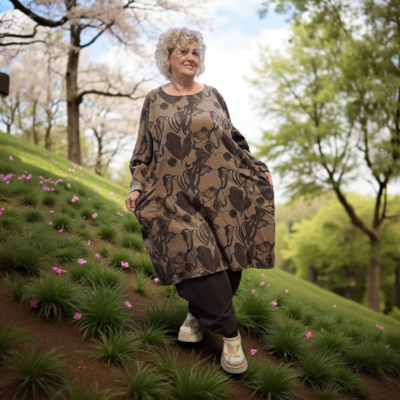 Jurk / lange tuniek taupe met print corduroy