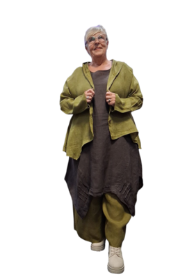 Jasje/vest groen met puntmuts, asymmetrisch 100% linnen