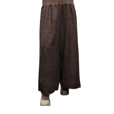 Wijde broek bruin met brede rekbare tailleband 100% linnen