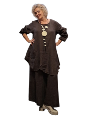 A-lijn tuniek  bruin 100%-linnen met zak