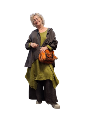 Jasje/vest bruin met puntmuts, asymmetrisch 100% linnen