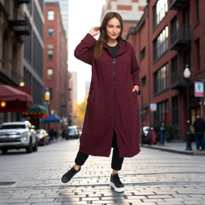 Overgangsmantel van gestructureerde viscose-stretch 'Floréa' rood