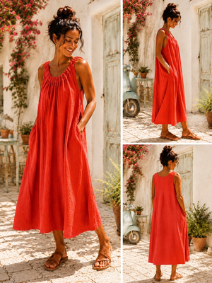 100% linnen Zomerjurk rood met rekbare hals