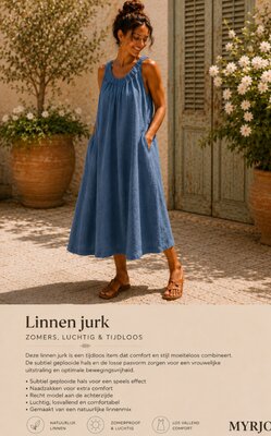 100% linnen Zomerjurk jeans blauw met rekbare hals