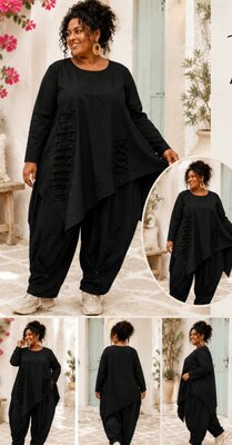 Een eigentijdse tuniek zwart met asymmetrische details op voorpand