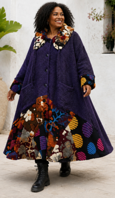 Warme winterjas aubergine met ballonkraag en printdetails