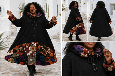 Warme winterjas zwart met ballonkraag en printdetails